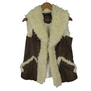 INC Brown Faux Suede Vest with Cream Faux lamb Accent Women's Size M Boho Hippie